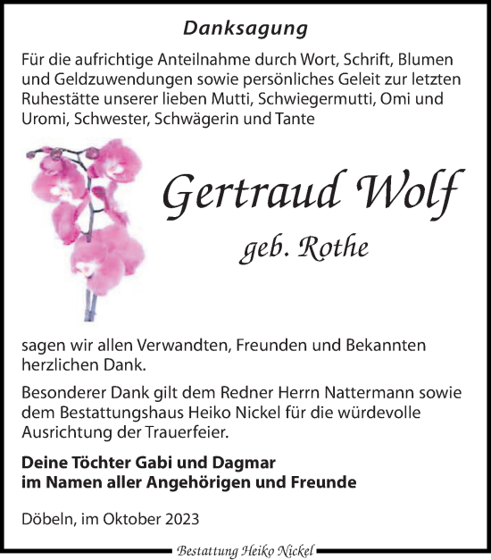 Traueranzeige von Gertraud Wolf von Leipziger Volkszeitung