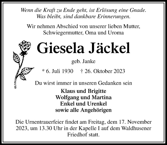 Traueranzeige von Giesela Jäckel von Lübecker Nachrichten