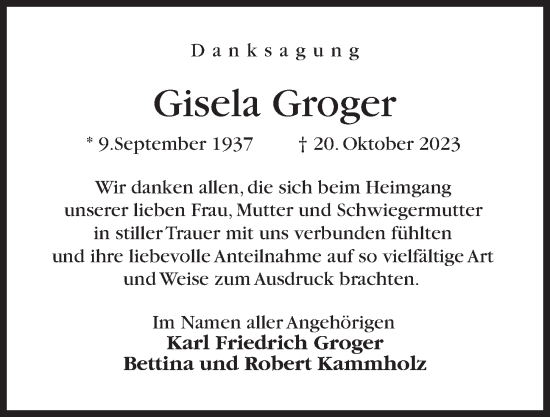 Traueranzeige von Gisela Groger von Kieler Nachrichten