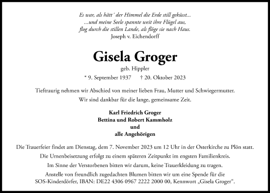 Traueranzeige von Gisela Groger von Kieler Nachrichten