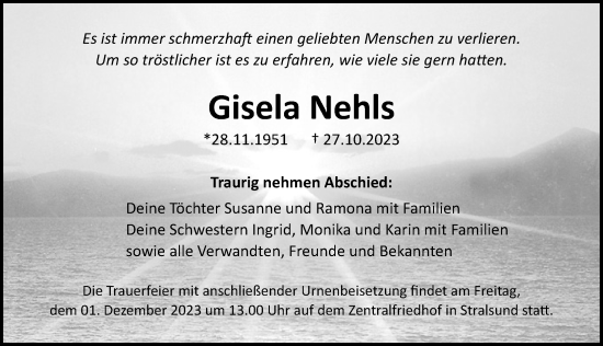 Traueranzeige von Gisela Nehls von Ostsee-Zeitung GmbH