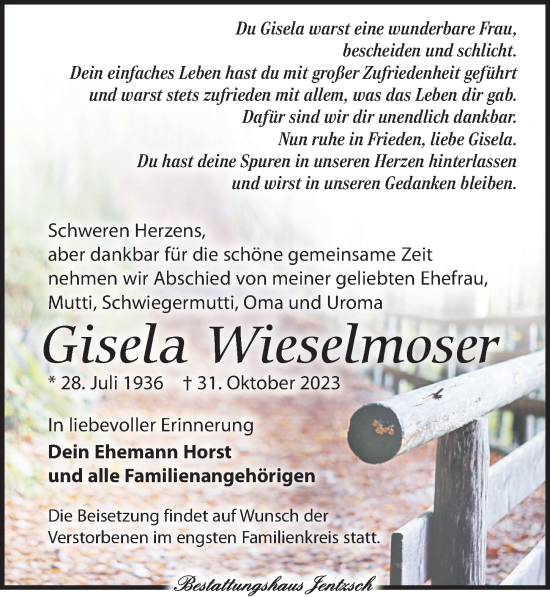 Traueranzeige von Gisela Wieselmoser von Leipziger Volkszeitung