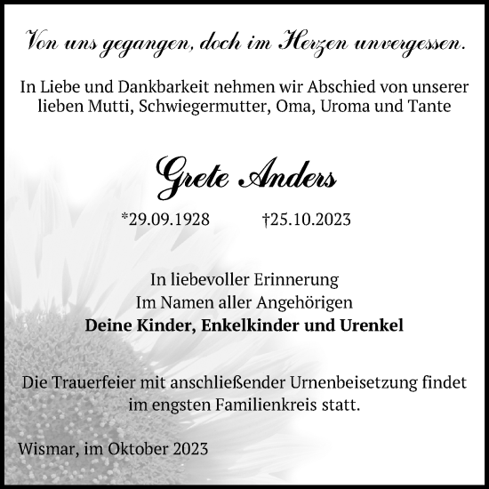 Traueranzeige von Grete Anders von Ostsee-Zeitung GmbH