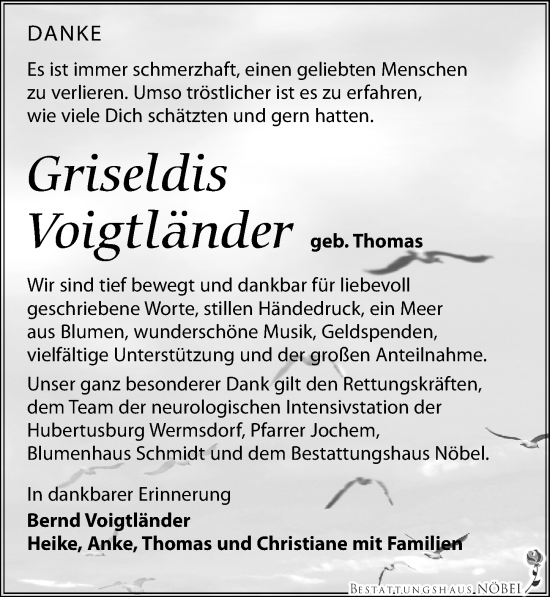 Traueranzeige von Griseldis Voigtländer von Leipziger Volkszeitung