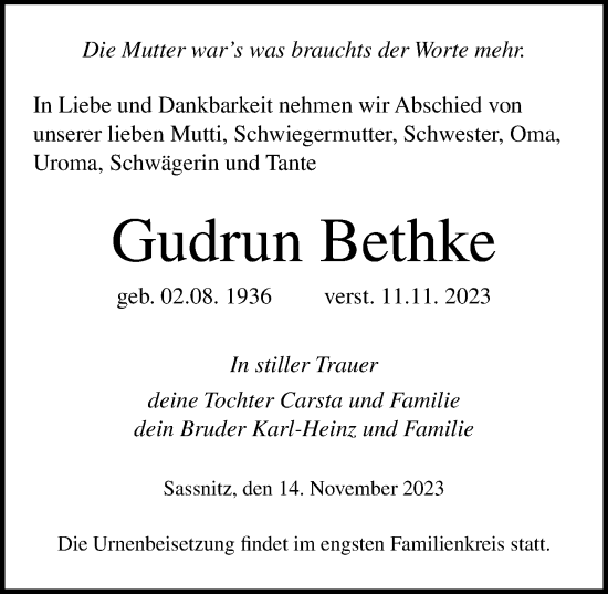 Traueranzeige von Gudrun Bethke von Ostsee-Zeitung GmbH