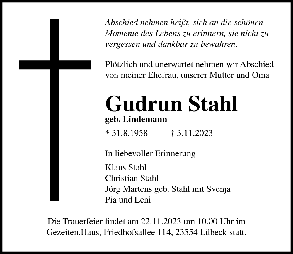  Traueranzeige für Gudrun Stahl vom 19.11.2023 aus Lübecker Nachrichten
