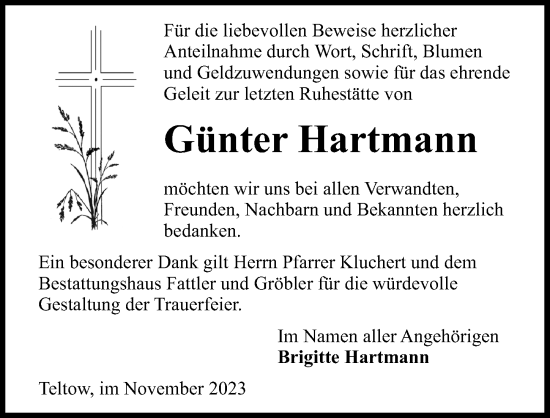 Traueranzeige von Günter Hartmann von Märkischen Allgemeine Zeitung