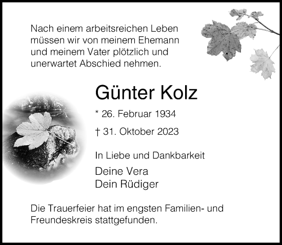 Traueranzeige von Günter Kolz von Lübecker Nachrichten