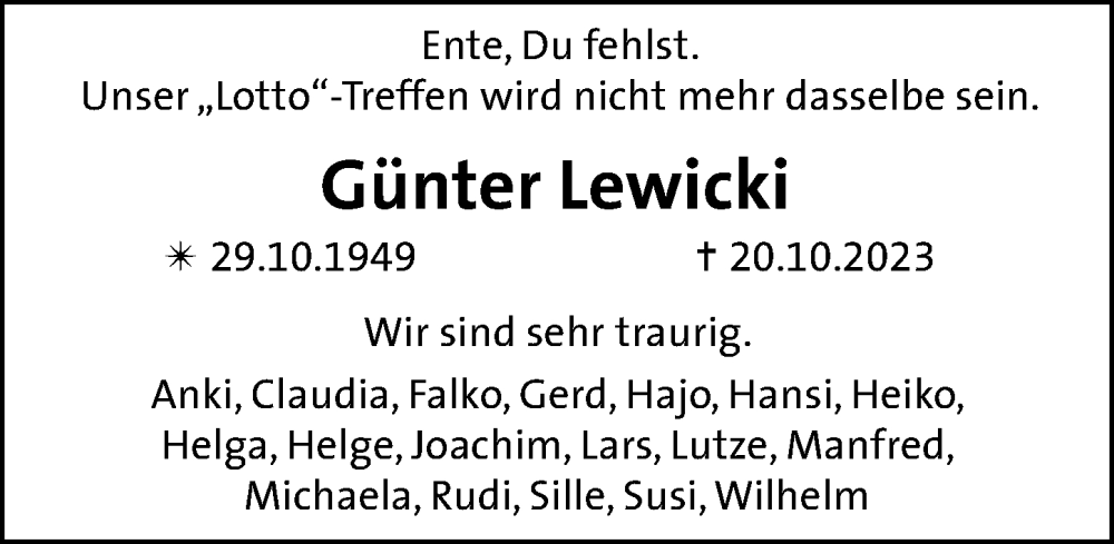  Traueranzeige für Günter Lewicki vom 04.11.2023 aus Hannoversche Allgemeine Zeitung/Neue Presse