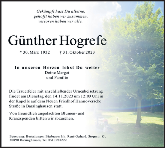 Traueranzeige von Günther Hogrefe von Hannoversche Allgemeine Zeitung/Neue Presse