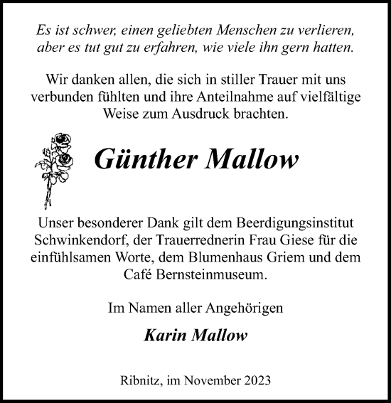 Traueranzeige von Günther Mallow von Ostsee-Zeitung GmbH