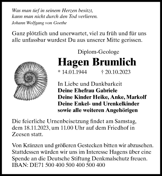 Traueranzeige von Hagen Brumlich von Märkischen Allgemeine Zeitung