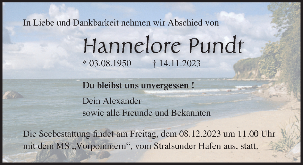  Traueranzeige für Hannelore Pundt vom 18.11.2023 aus Ostsee-Zeitung GmbH