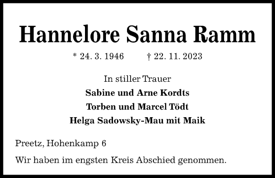 Traueranzeige von Hannelore Sanna Ramm von Kieler Nachrichten