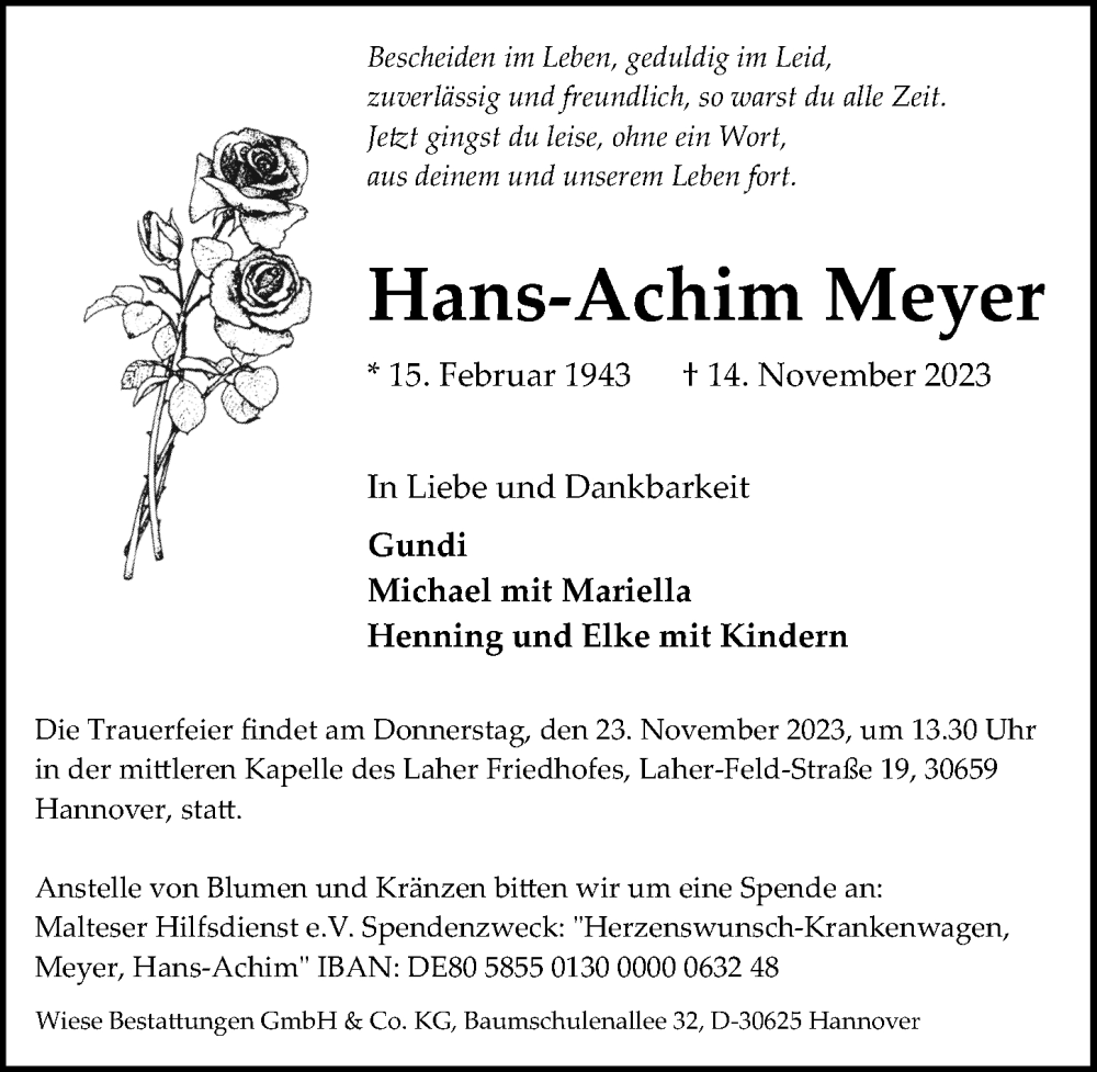  Traueranzeige für Hans-Achim Meyer vom 18.11.2023 aus Hannoversche Allgemeine Zeitung/Neue Presse