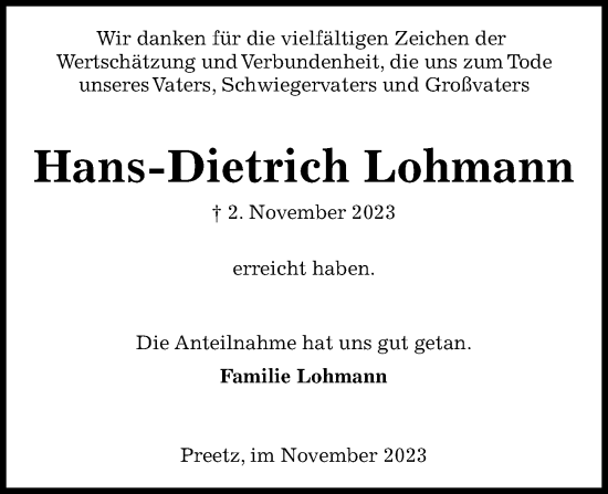 Traueranzeige von Hans-Dietrich Lohmann von Kieler Nachrichten