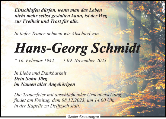 Traueranzeige von Hans-Georg Schmidt von Leipziger Volkszeitung