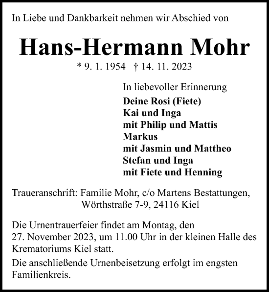 Traueranzeige von Hans-Hermann Mohr von Kieler Nachrichten