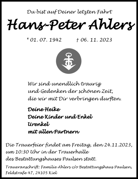 Traueranzeige von Hans-Peter Ahlers von Kieler Nachrichten