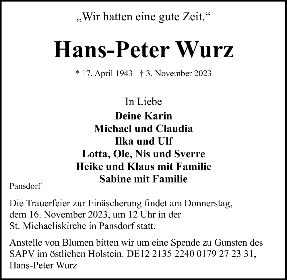 Traueranzeigen von Hans-Peter Wurz | trauer-anzeigen.de