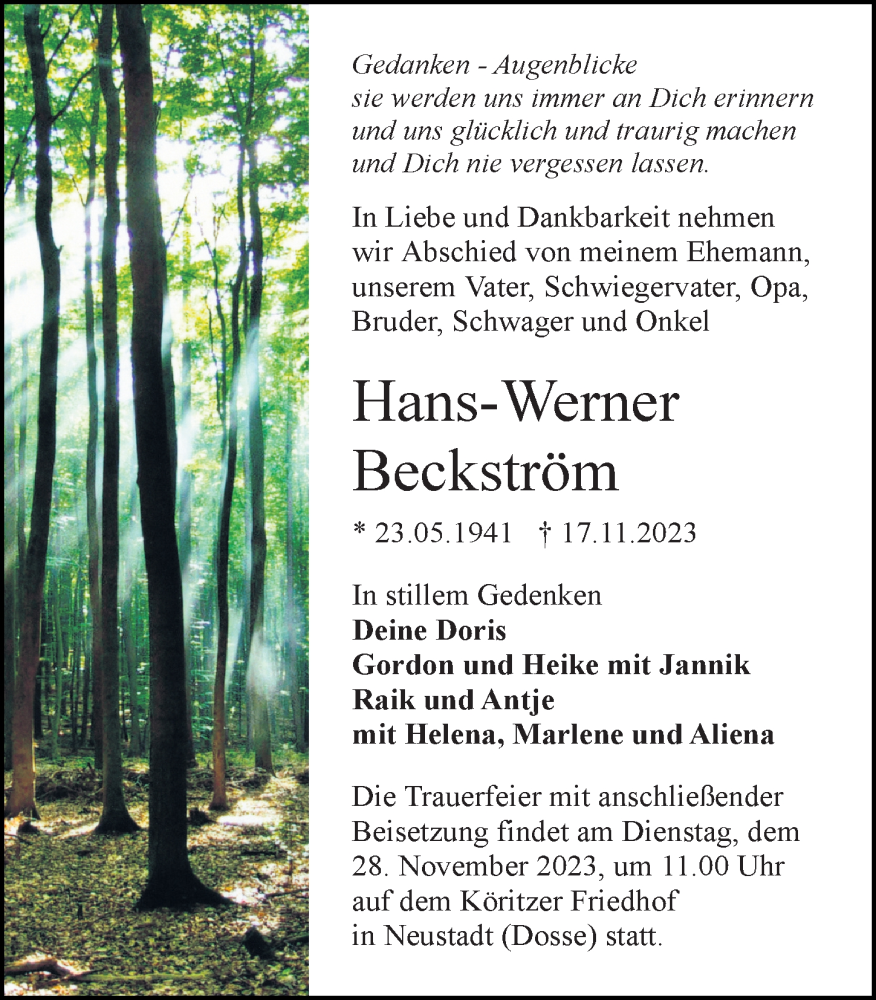  Traueranzeige für Hans-Werner Beckström vom 22.11.2023 aus Märkischen Allgemeine Zeitung