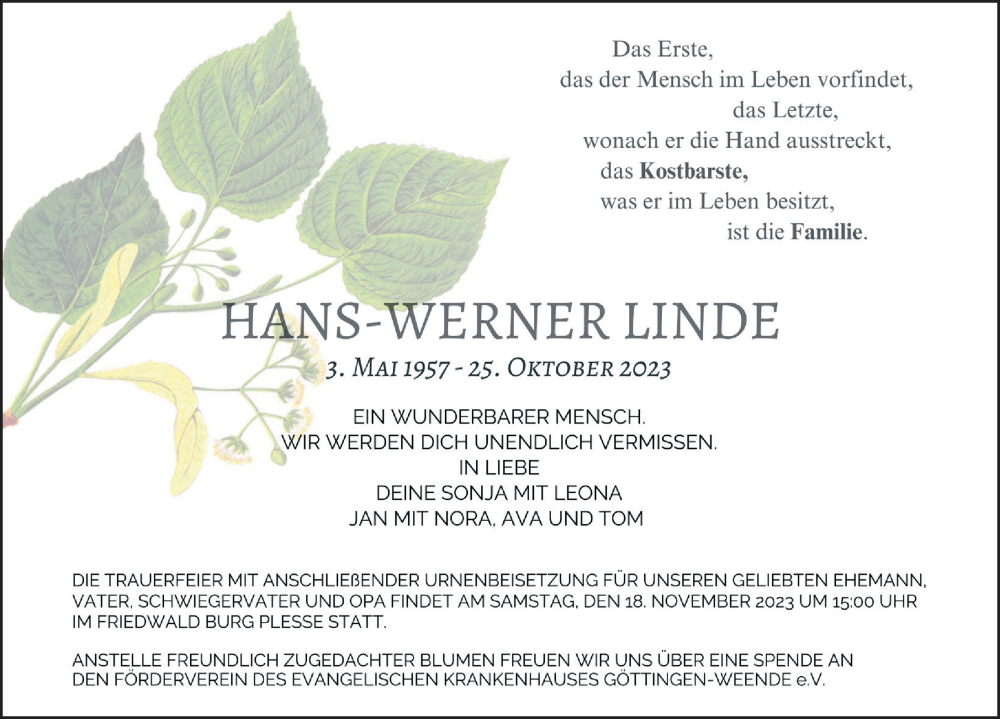  Traueranzeige für Hans-Werner Linde vom 04.11.2023 aus Göttinger Tageblatt