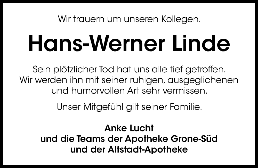  Traueranzeige für Hans-Werner Linde vom 04.11.2023 aus Göttinger Tageblatt