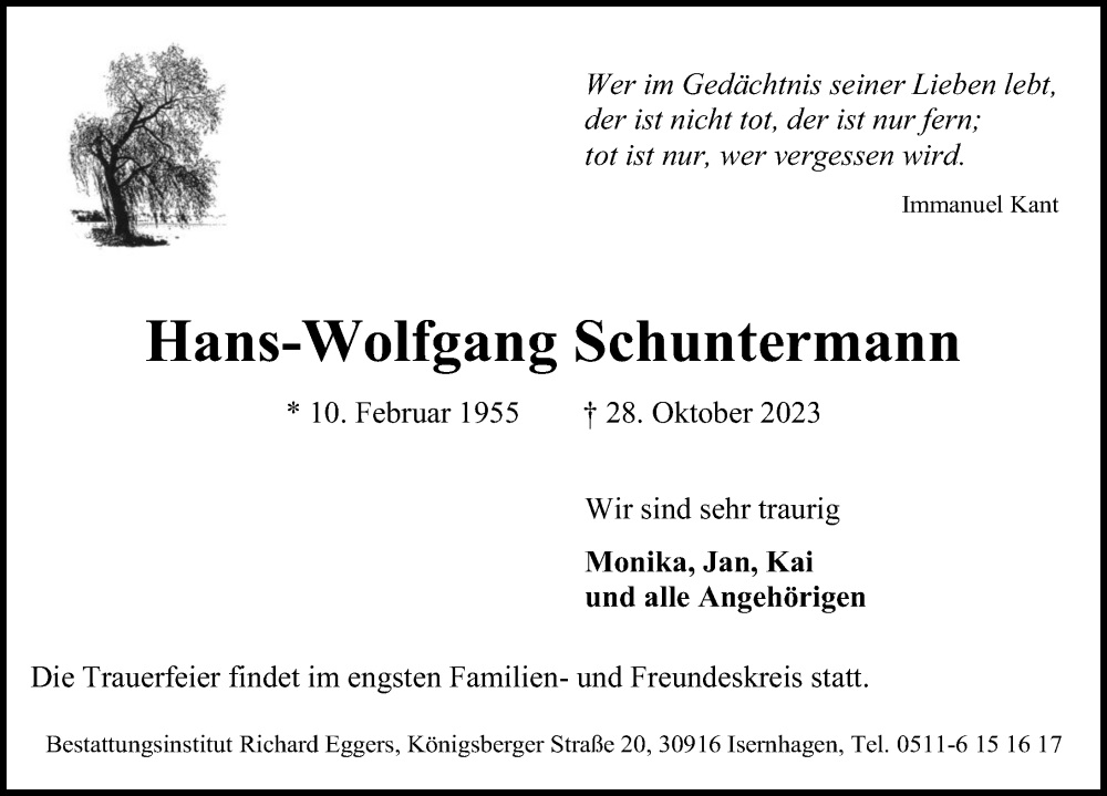  Traueranzeige für Hans-Wolfgang Schuntermann vom 04.11.2023 aus Hannoversche Allgemeine Zeitung/Neue Presse
