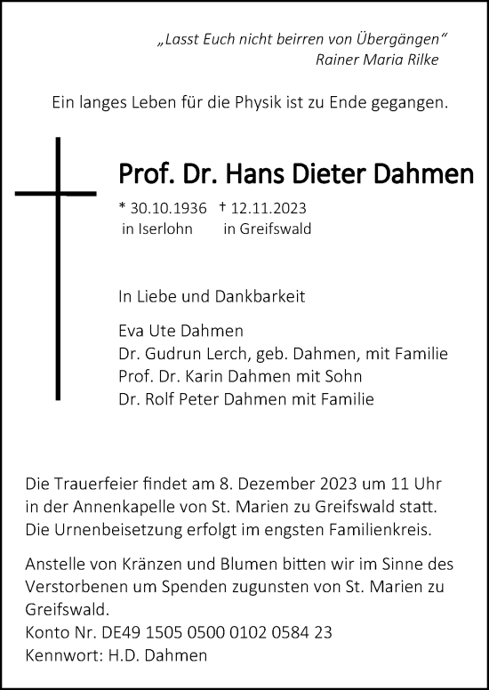 Traueranzeige von Hans Dieter Dahmen von Ostsee-Zeitung GmbH