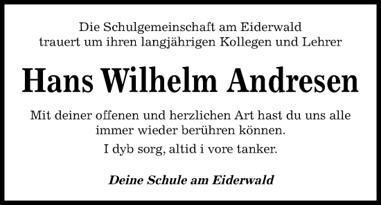 Traueranzeige von Hans Wilhelm Andresen von Kieler Nachrichten