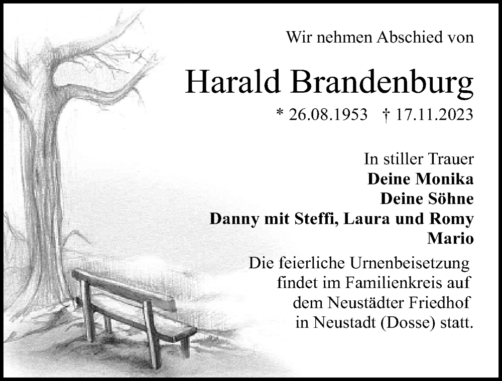  Traueranzeige für Harald Brandenburg vom 25.11.2023 aus Märkischen Allgemeine Zeitung