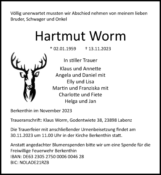 Traueranzeige von Hartmut Worm von Lübecker Nachrichten