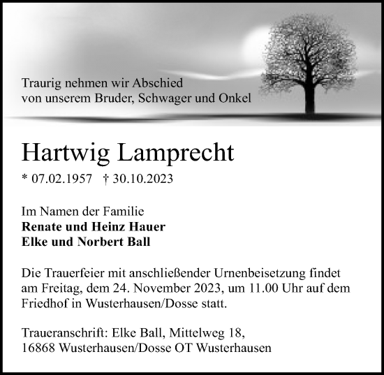 Traueranzeige von Hartwig Lamprecht von Märkischen Allgemeine Zeitung