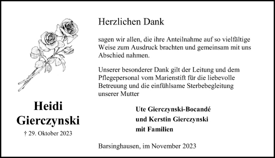 Traueranzeige von Heidi Gierczynski von Hannoversche Allgemeine Zeitung/Neue Presse