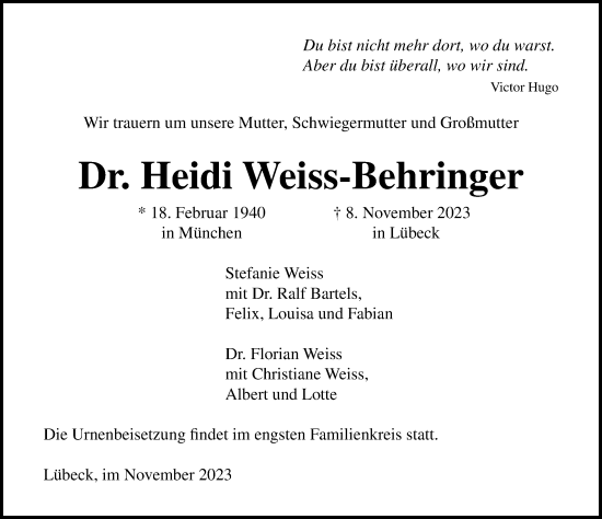 Traueranzeige von Heidi Weiss-Behringer von Lübecker Nachrichten