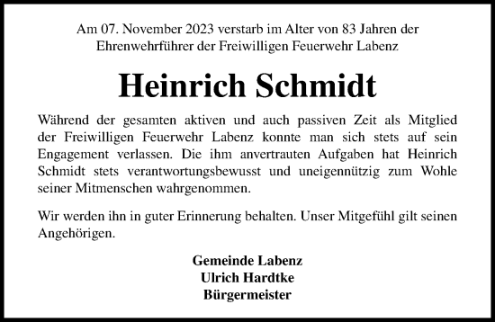 Traueranzeige von Heinrich Schmidt von Lübecker Nachrichten