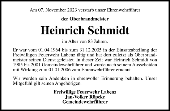 Traueranzeige von Heinrich Schmidt von Lübecker Nachrichten