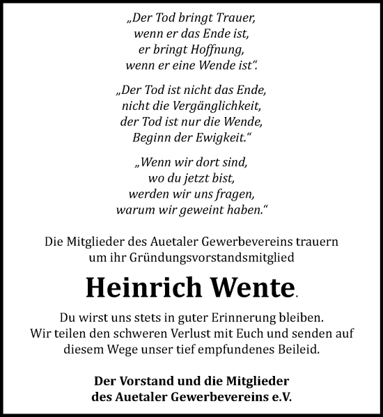 Traueranzeige von Heinrich Wente von Schaumburger Zeitung/ Landes-Zeitung
