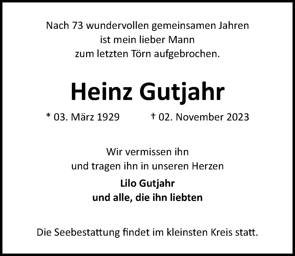  Traueranzeige für Heinz Gutjahr vom 12.11.2023 aus Lübecker Nachrichten