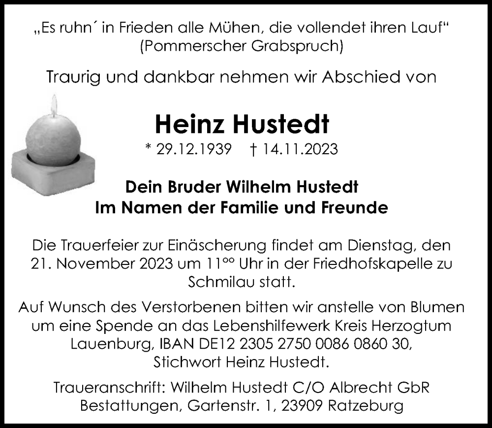  Traueranzeige für Heinz Hustedt vom 18.11.2023 aus Lübecker Nachrichten
