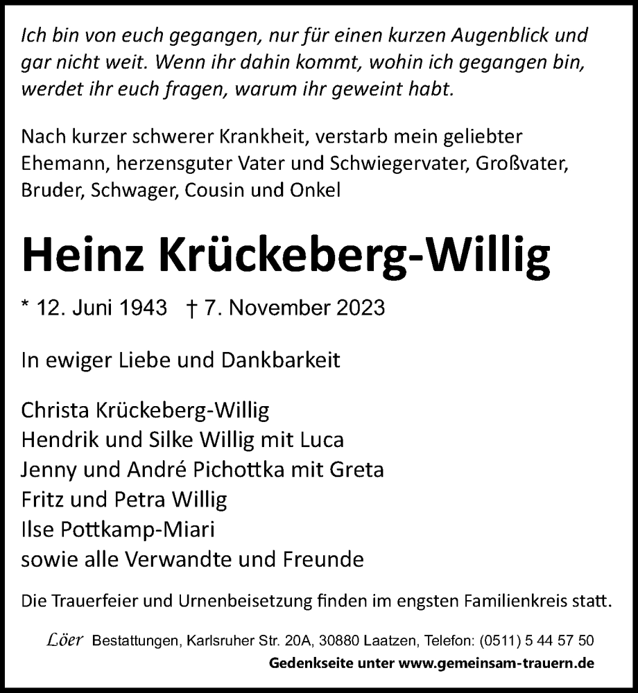  Traueranzeige für Heinz Krückeberg-Willig vom 18.11.2023 aus Hannoversche Allgemeine Zeitung/Neue Presse