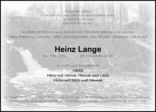 Traueranzeige von Heinz Lange von Ostsee-Zeitung GmbH