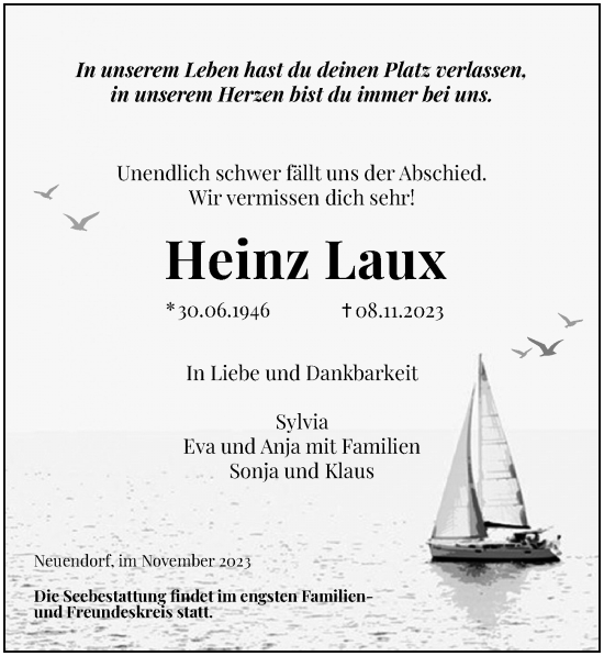 Traueranzeige von Heinz Laux von Ostsee-Zeitung GmbH