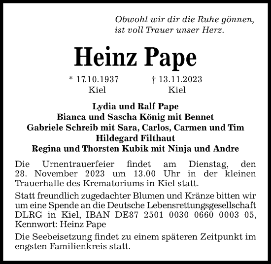 Traueranzeige von Heinz Pape von Kieler Nachrichten