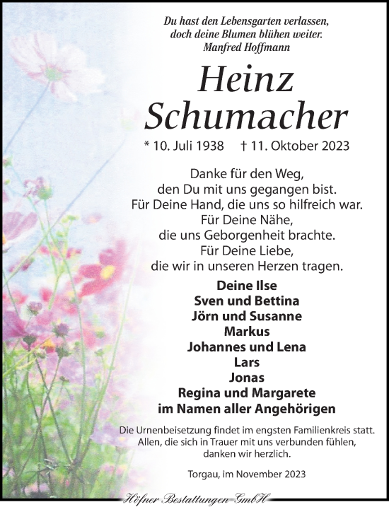 Traueranzeige von Heinz Schumacher von Torgauer Zeitung