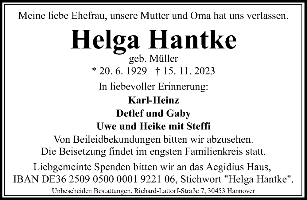  Traueranzeige für Helga Hantke vom 18.11.2023 aus Hannoversche Allgemeine Zeitung/Neue Presse