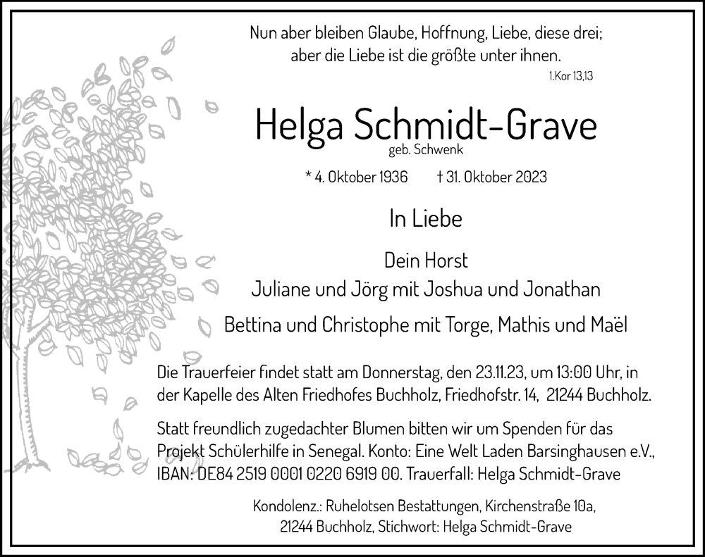  Traueranzeige für Helga Schmidt-Grave vom 11.11.2023 aus Hannoversche Allgemeine Zeitung/Neue Presse