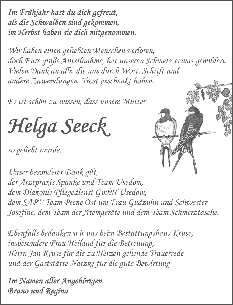  Traueranzeige für Helga Seeck vom 04.11.2023 aus Ostsee-Zeitung GmbH