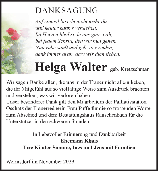 Traueranzeige von Helga Walter von Leipziger Volkszeitung