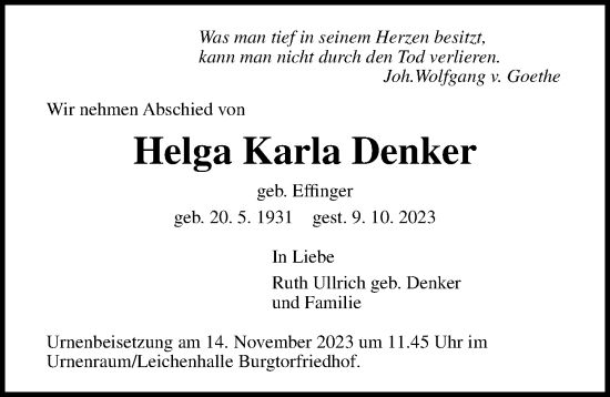 Traueranzeige von Helga Karla Denker von Lübecker Nachrichten